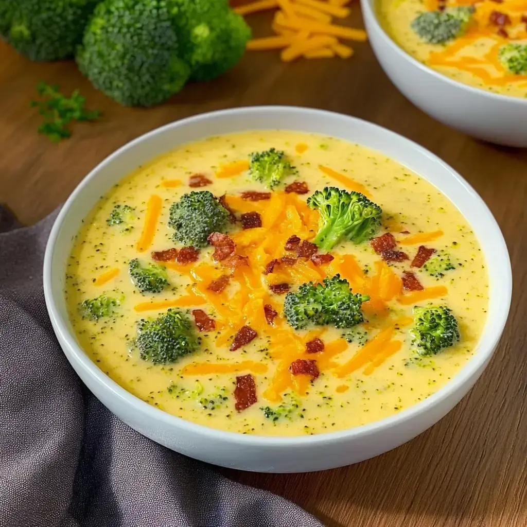 Eine extra cremige Gemüsesuppe mit Brokkoli und Käse, dazu gebratene Baconwürfel – serviert in einer weißen Schüssel.