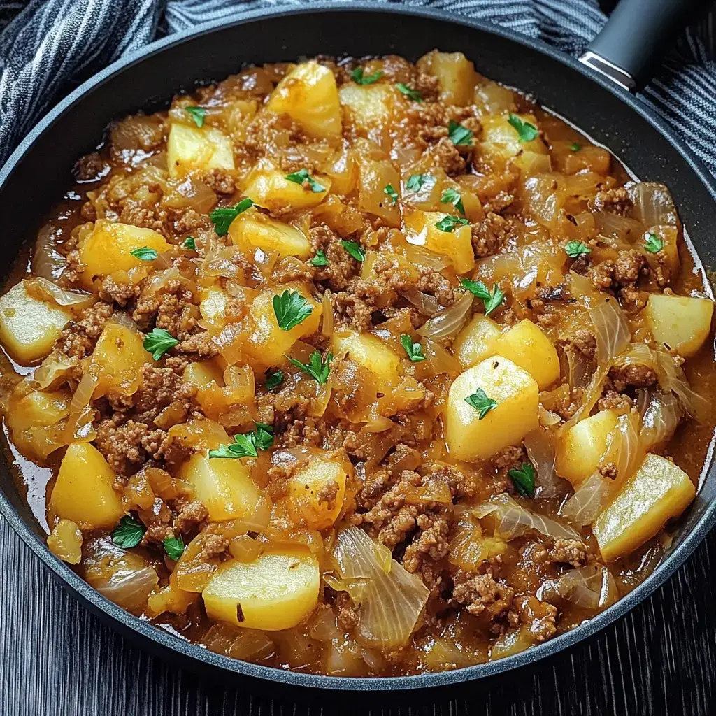 Hackfleisch, Kartoffeln und Zwiebeln mit Petersilie in der Pfanne - sieht richtig herzhaft aus.