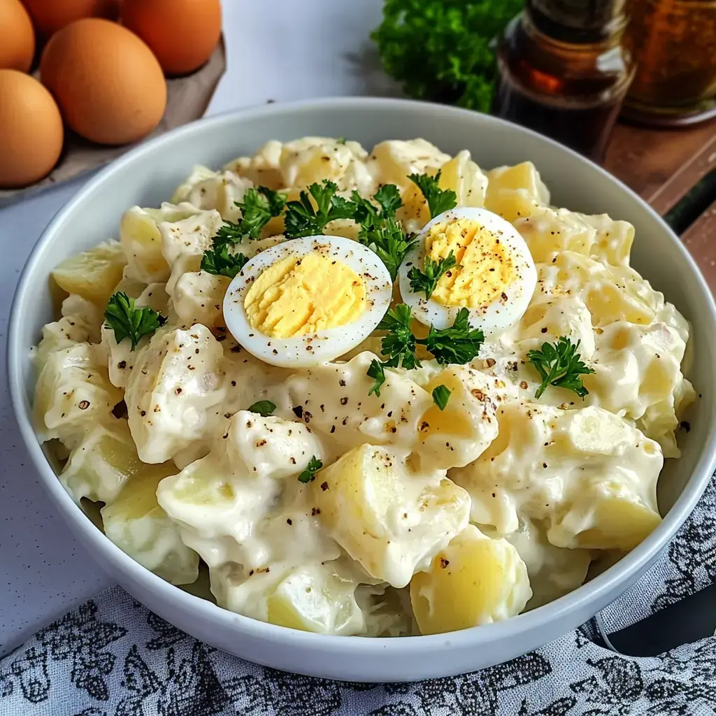 Ein Teller mit cremigem Kartoffelsalat, Eier-Scheiben und frischer Petersilie als Topping.