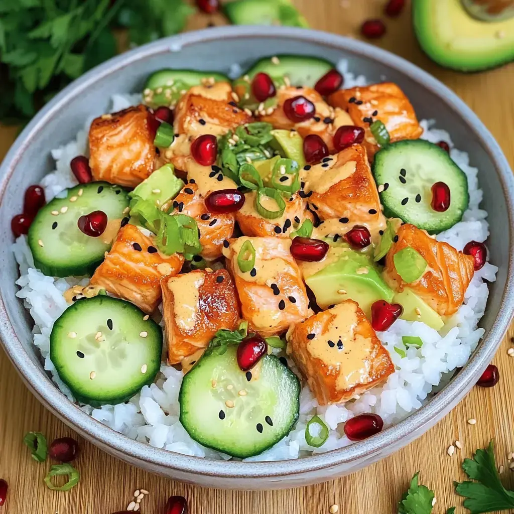 Reisschale mit gebratenem Lachs, Avocado, Gurke, Granatapfel und cremiger Sauce. Dazu Frühlingszwiebel und Sesam getoppt.