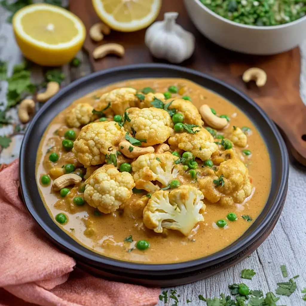 Ein bunter Teller mit cremigem Blumenkohl und Erbsen, Cashews, Koriander, plus Limette und Knoblauch außenrum.