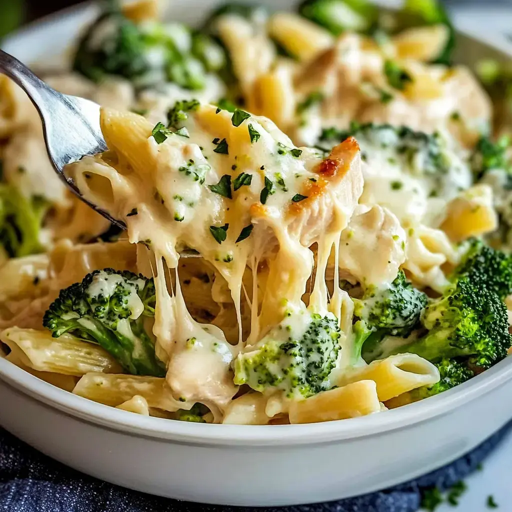 Ein voller Löffel Pasta, bunter Brokkoli obendrauf, mit geschmolzenem Käse – alles gemütlich in einer Schüssel angerichtet.