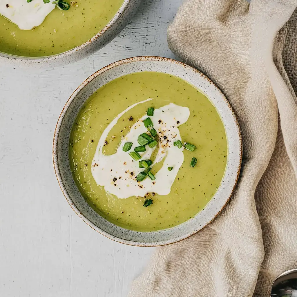 Zwei Schalen voll grüner Suppe, verziert mit Sahne, Schnittlauch und etwas Pfeffer auf hellem Untergrund.