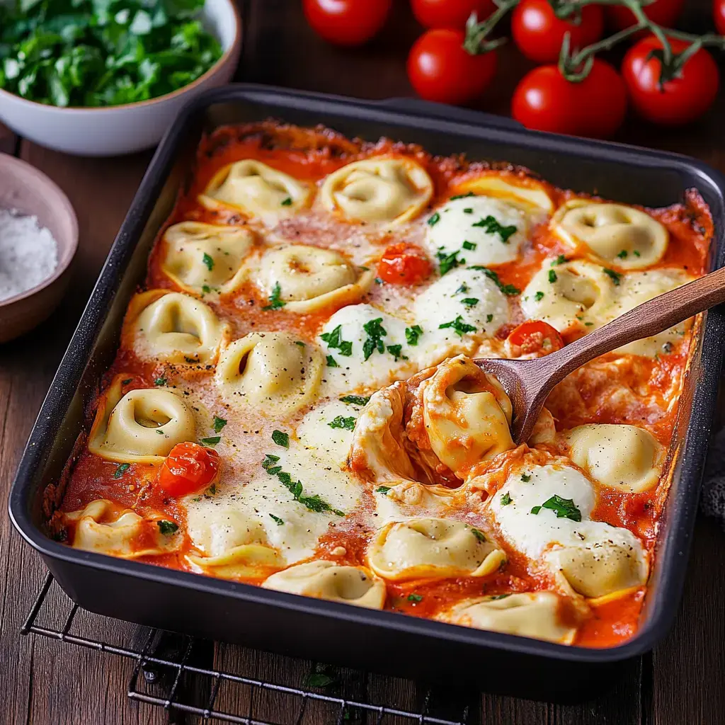 Ein Auflauf mit Tortellini in Tomatensoße, belegt mit Mozzarella und frischer Petersilie, umgeben von Kirschtomaten und frischem Gemüse.