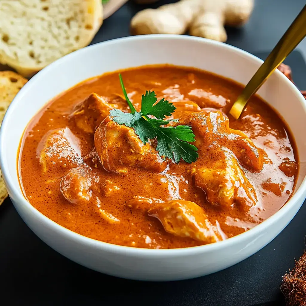 Eine Schale voll cremigem Hähnchencurry, bestreut mit Koriander, dazu etwas Brot und ein wenig Ingwer am Rand.