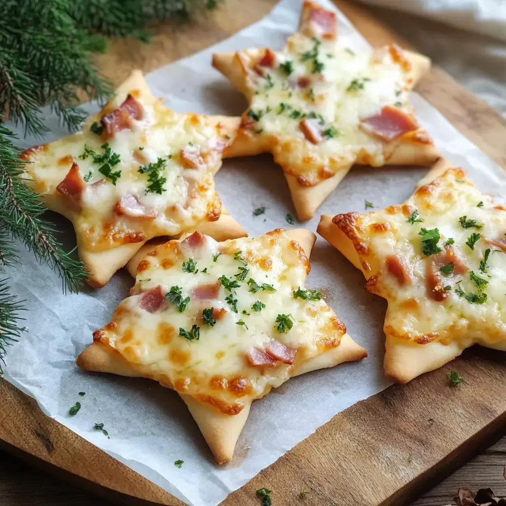 Man sieht Sterne aus Flammkuchenteig mit Schinken, Käse und Petersilie auf einem Holzbrett.