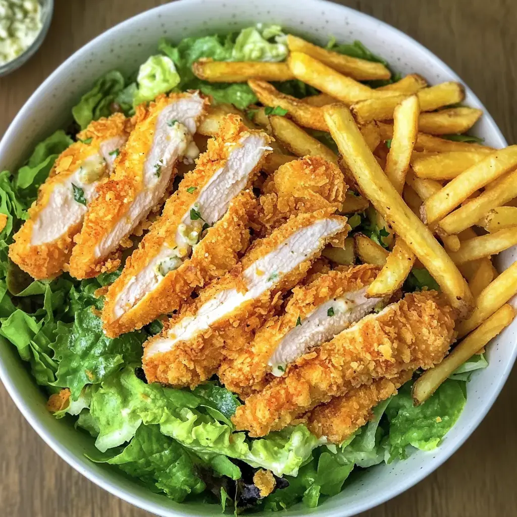 Auf einem Salatbett liegt krosses Hähnchen, dazu gibt’s goldene Kartoffelspalten.