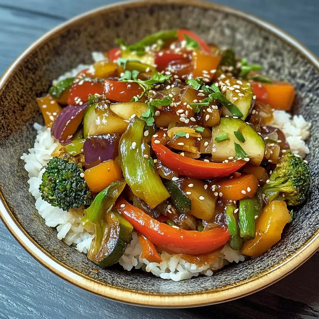 Schale mit ganz viel buntem, gebratenem Gemüse wie Brokkoli, Paprika und Zucchini auf Reis – oben drüber ein paar Kräuter und Sesam.