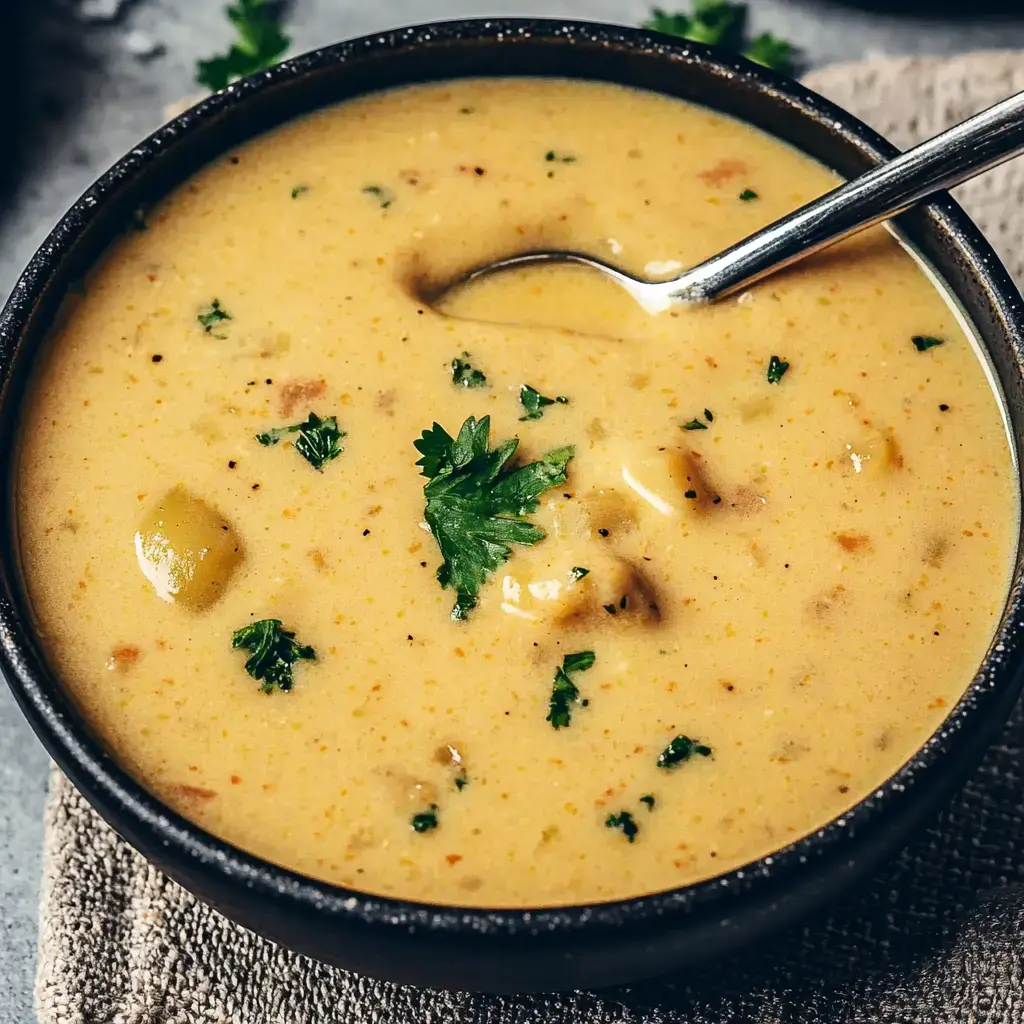 Eine große Portion cremiger Suppe, getoppt mit Koriander und buntem Gemüse.