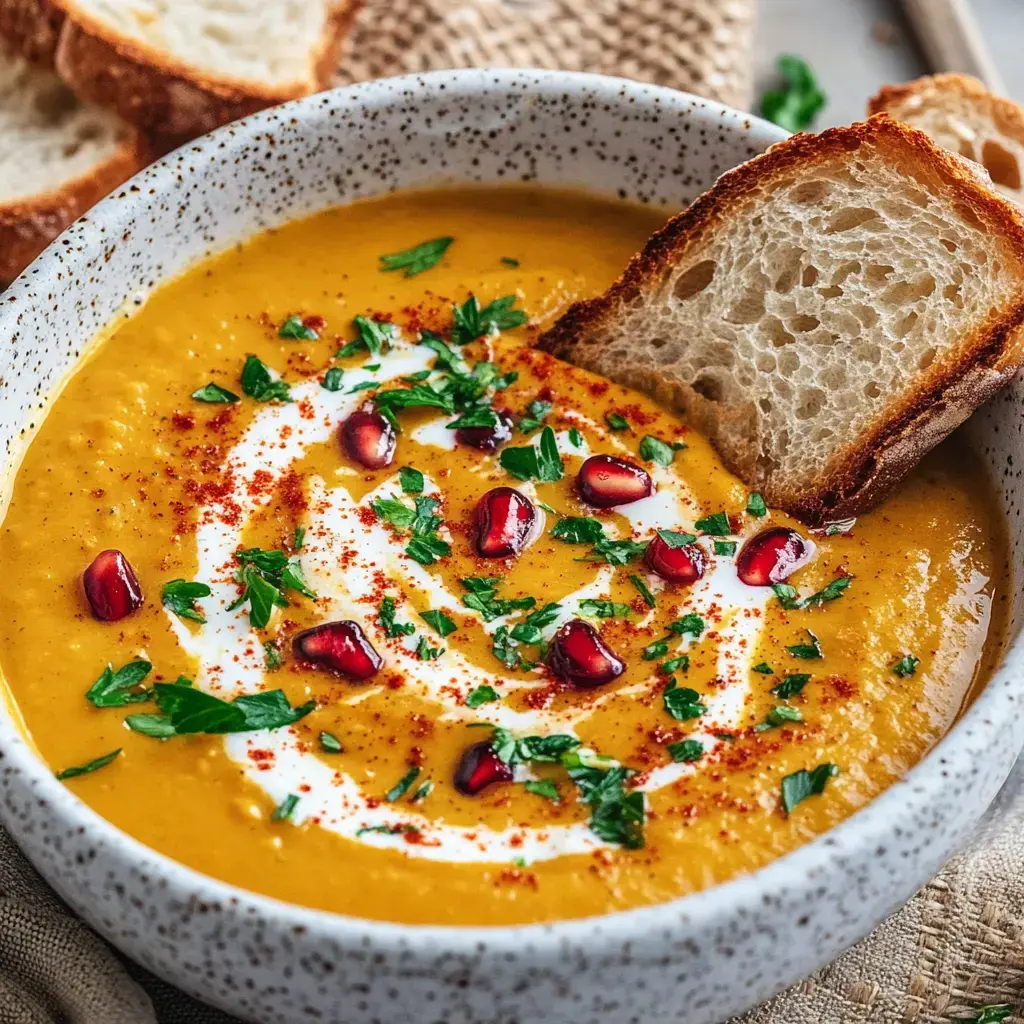 Schüssel voll cremiger Kürbissuppe, darauf ein Klecks Joghurt, Granatapfel und frische Kräuter – daneben ein Stück Brot.