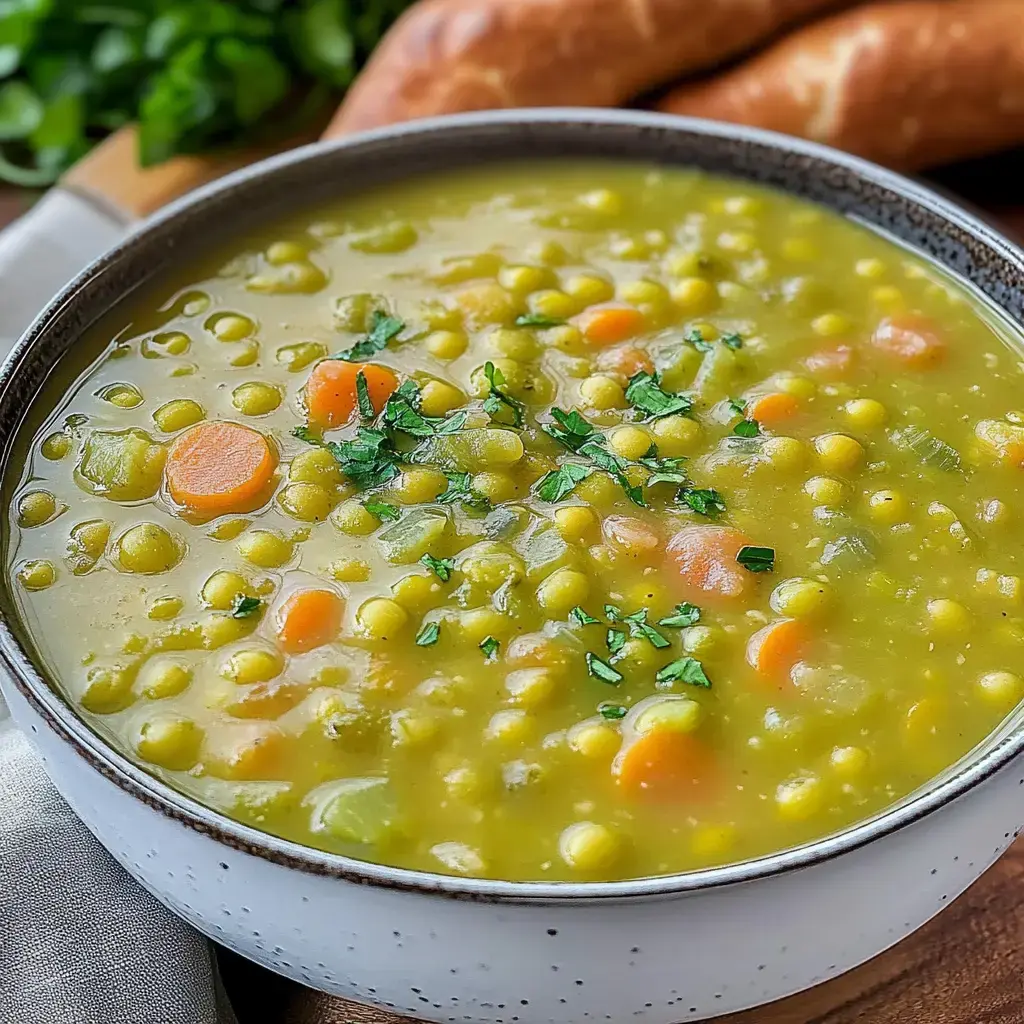 Grüne Erbsensuppe in einer Schale, bestreut mit frischen Kräutern, im Hintergrund liegen Brezeln.