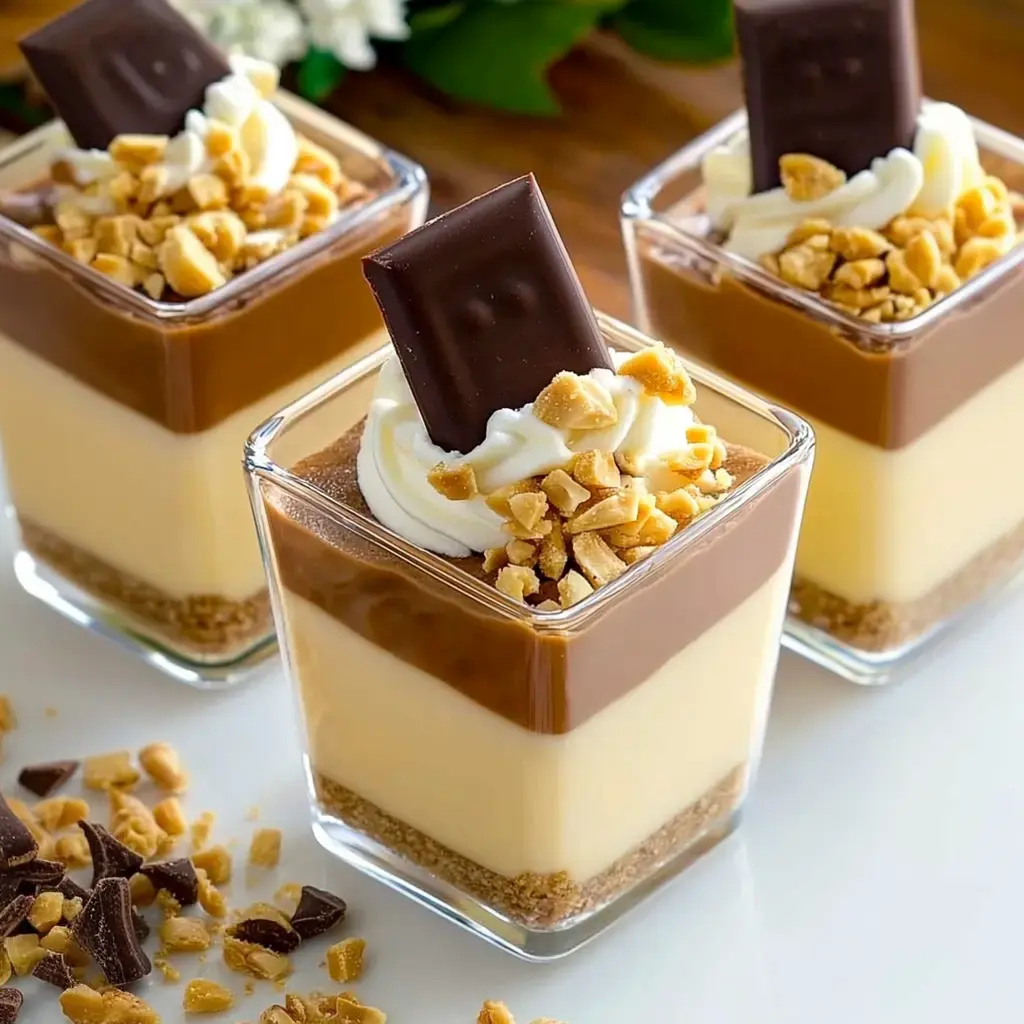 Drei Nachtischgläser gefüllt mit lockeren Schichten aus Vanillepudding, Sahne, Nüssen und Schokolade. Mit Schlagobers und einer Tafel Schokolade dekoriert.