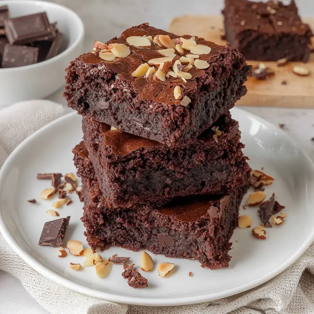 Drei fudgy Schoko-Brownies mit Mandelblättchen liegen locker auf einem weißen Teller.