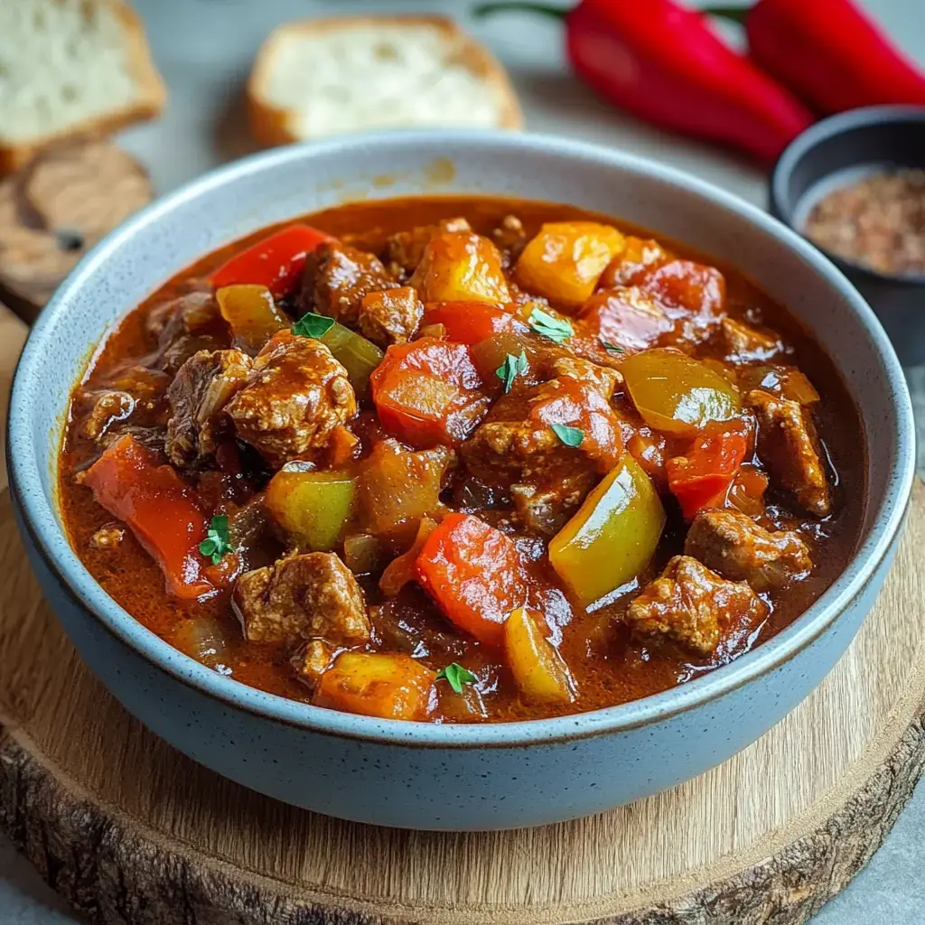 Eine tiefe Schale voll mit würzigem Schmorgericht, drin zartes Fleisch, buntes Gemüse und frische Kräuter. Daneben knackiges Brot und rote Paprikaschoten.