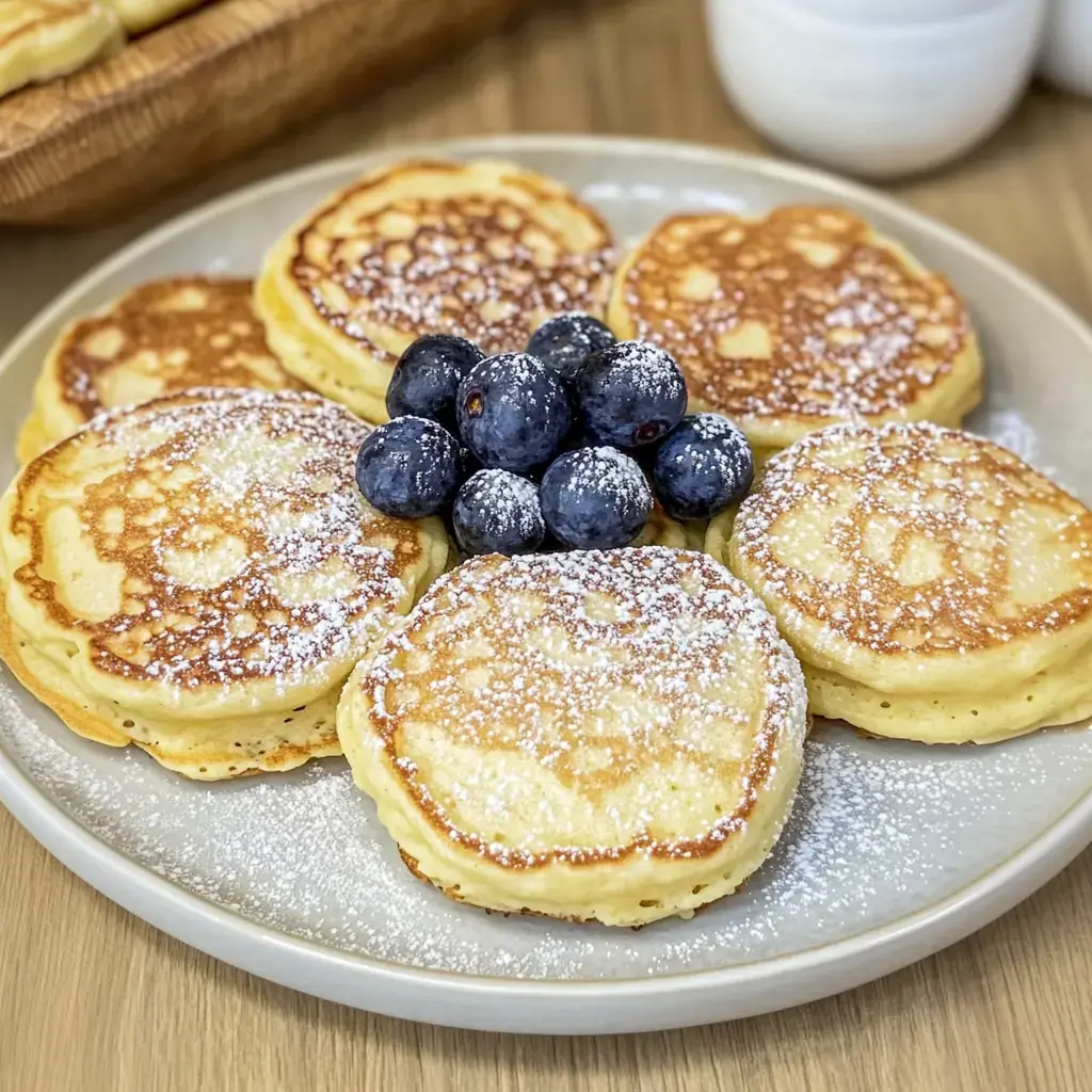 Ein voller Teller mit noch warmen Pfannkuchen, oben drauf Puderzucker und Blaubeeren.