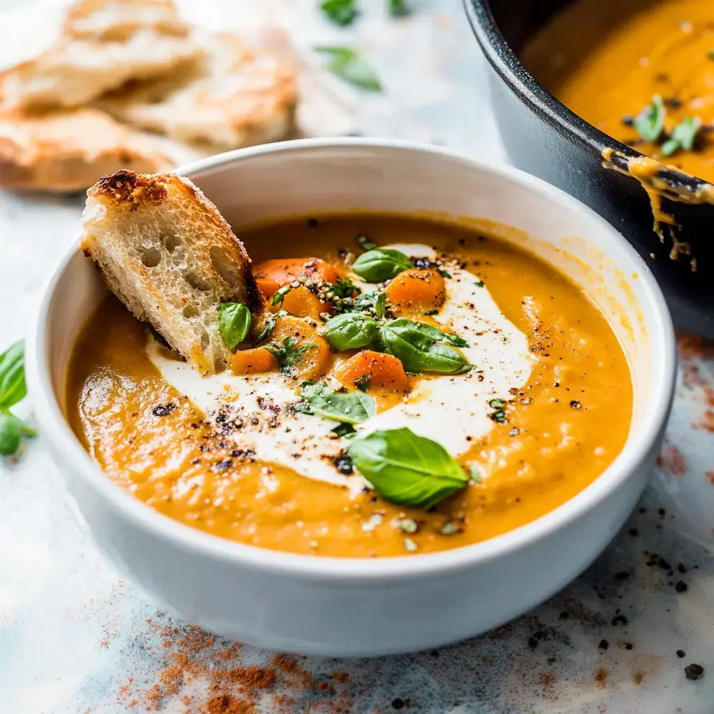 Cremige Kürbissuppe in einer Schüssel, getoppt mit Sahne, frischen Kräutern und Brotstück.