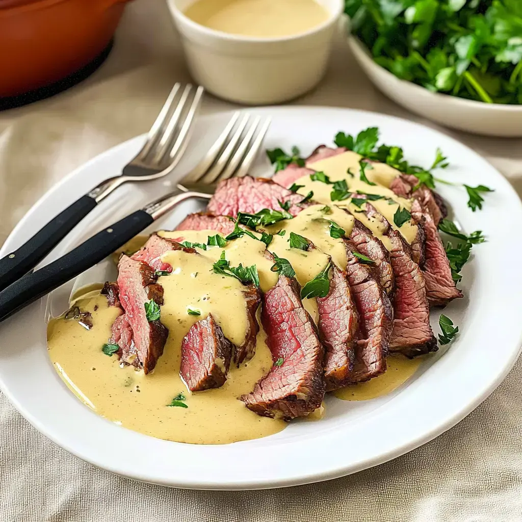 Rindfleisch, dünn geschnitten, mit sämiger Sauce und Petersilie auf einem weißen Teller angerichtet.