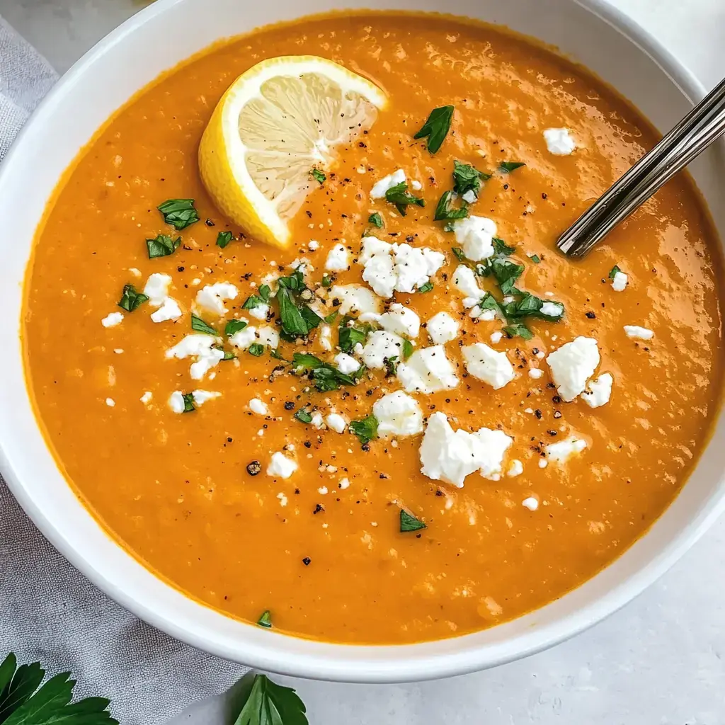 Orange Suppe in einer Schale, getoppt mit Zitronenscheibe, frischer Petersilie und etwas zerbröseltem Käse.