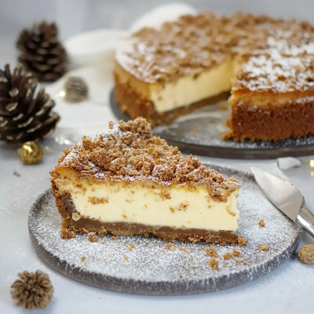 Ein Stück Käsekuchen mit vielen Krümeln obendrauf, serviert auf einem Teller mit Puderzucker, Zapfen und goldenen Kugeln.