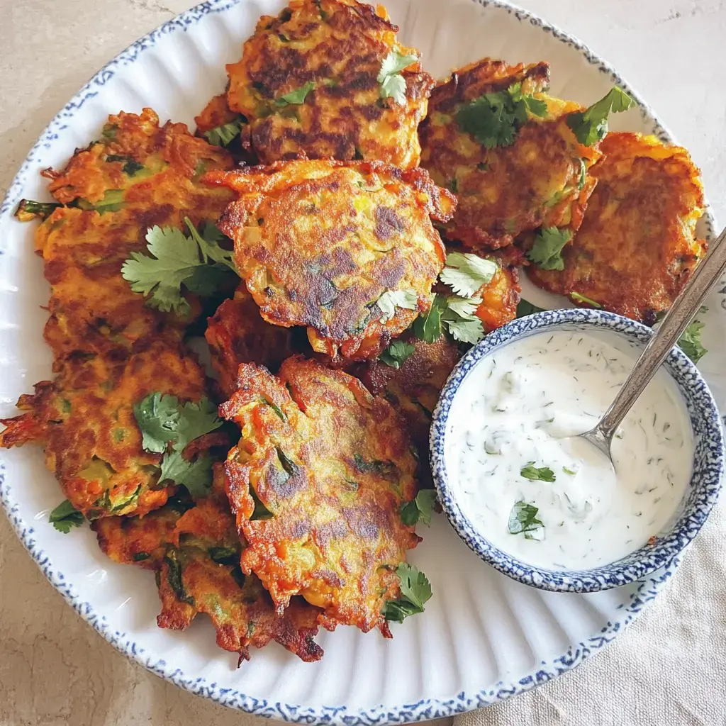 Ein bunter Teller voller knuspriger Gemuese-Pakora, garniert mit frischem Koriander. Daneben steht eine kleine Schale mit einem cremigen Joghurtdip.