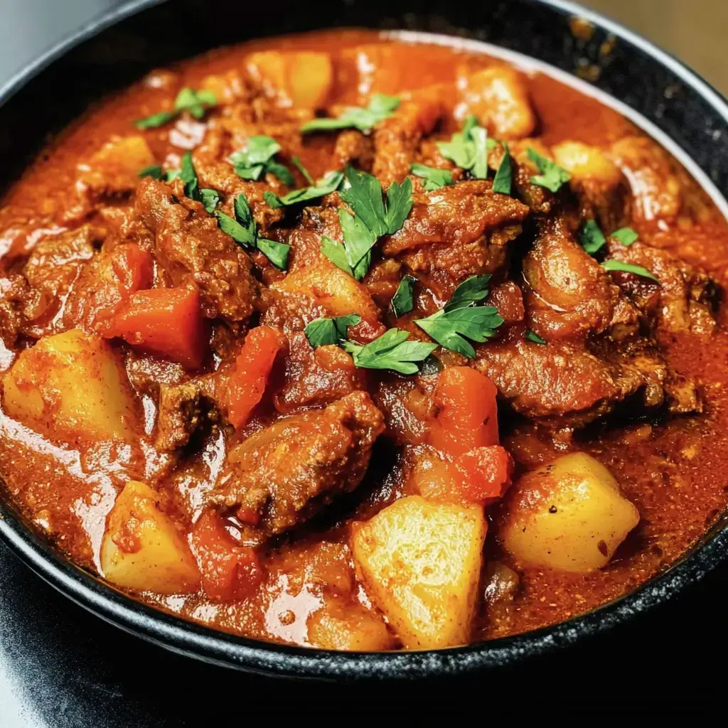 Ein Schalengericht mit zartem Fleisch, Kartoffeln und Gemüse in einer würzigen Tomatensauce, garniert mit frischem Petersilien.