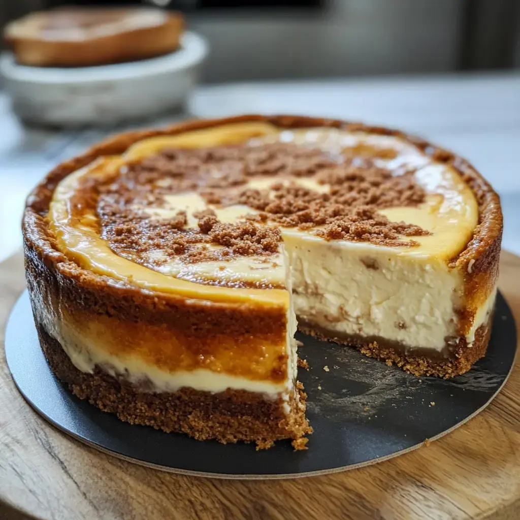 Ein leckerer Keksboden-Käsekuchen. Ein Stück fehlt schon, der Kuchen steht auf Holz.