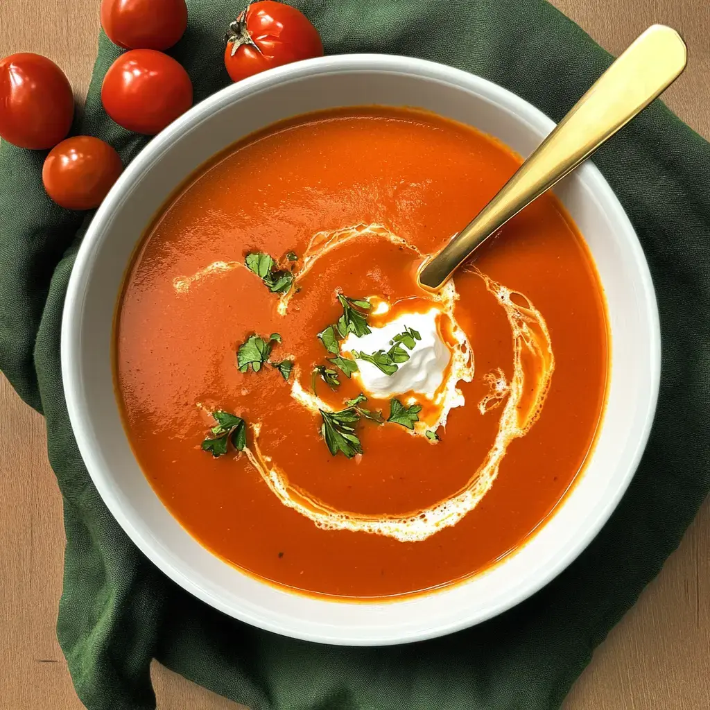 In einer Schüssel schlängelt sich eine cremige Tomaten Suppe, Sahne drauf und frische Kräuter dazu. Drumherum ein paar Kirschtomaten.
