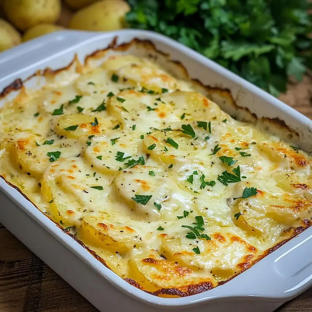 Ein leckerer Kartoffelauflauf mit cremiger Soße, geschmolzenem Käse und frischer Petersilie obendrauf.