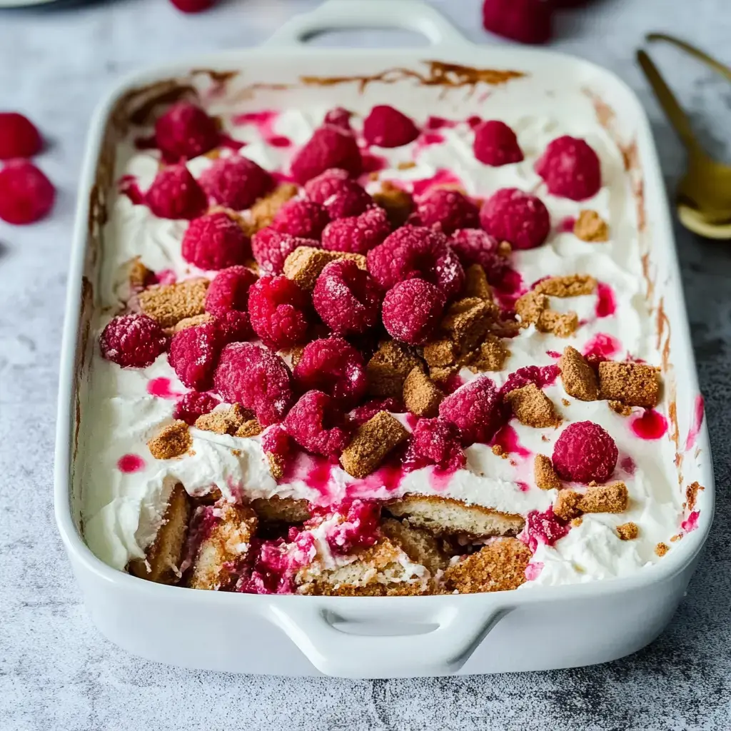 In einer weißen Form liegt ein Nachtisch, getoppt mit Sahne, frischen Himbeeren und Kekskrümeln.