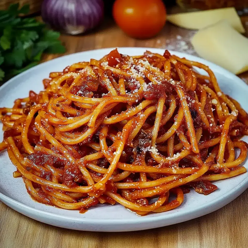 Spaghetti auf einem Teller mit Tomatensoße und Parmesan, frische Zutaten drumherum.