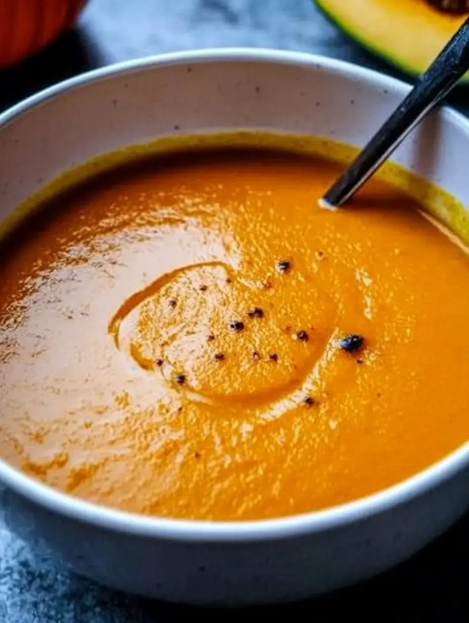 In einer Schale ist eine samtige, orange Kürbissuppe zu sehen. Oben drauf ein Hauch schwarzer Pfeffer.
