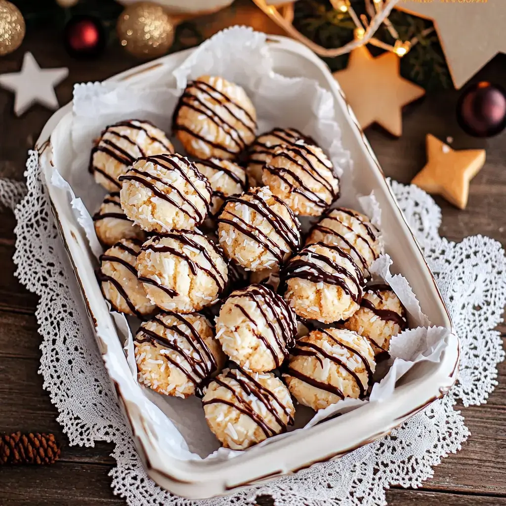 Auf einem urigen Holztisch steht eine Schale voller schokoladen-umhüllter Kokoskekse, weihnachtlich dekoriert ringsherum.