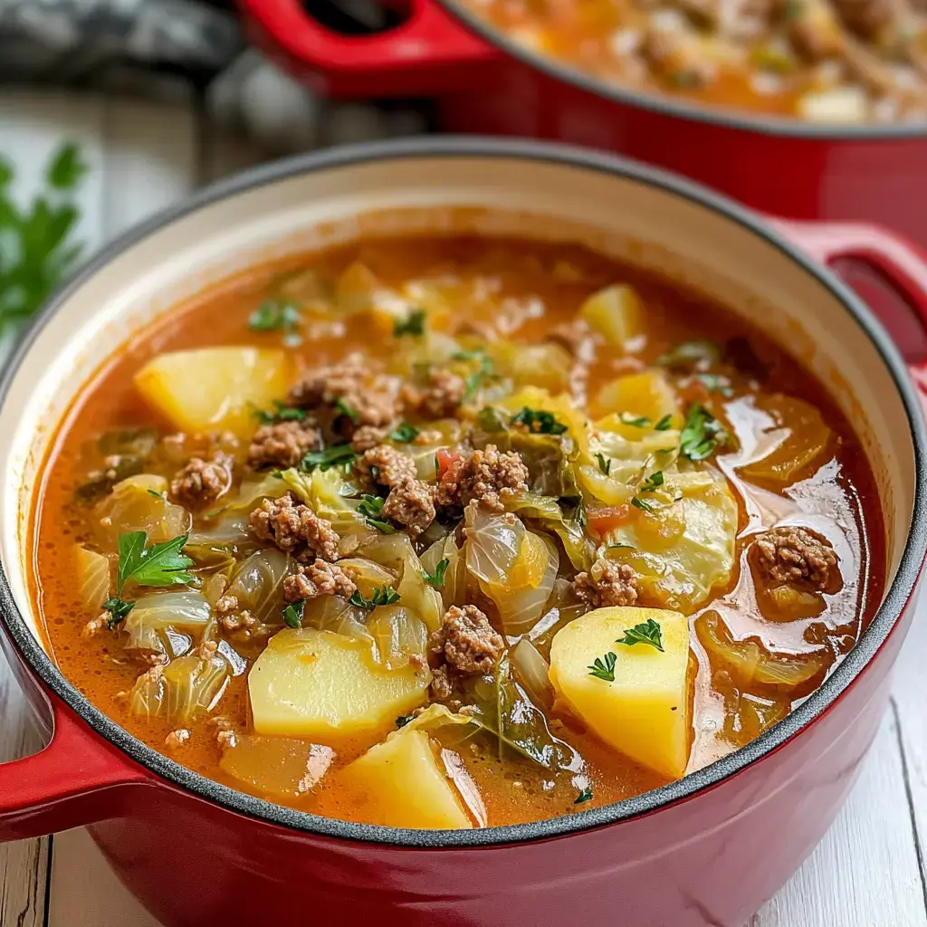 Ein roter Topf steckt voll mit würziger Suppe, Kohl, Kartoffeln und Hack – dazu frische Petersilie oben drauf.