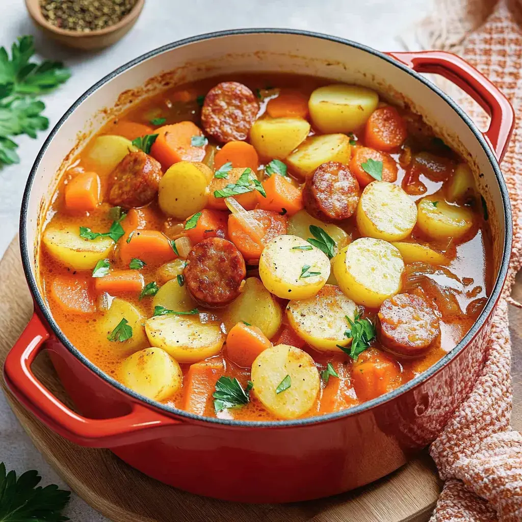 Ein roter Topf mit dampfendem Eintopf aus Wurst, Möhren und Kartoffeln, oben drauf gehackte Petersilie.