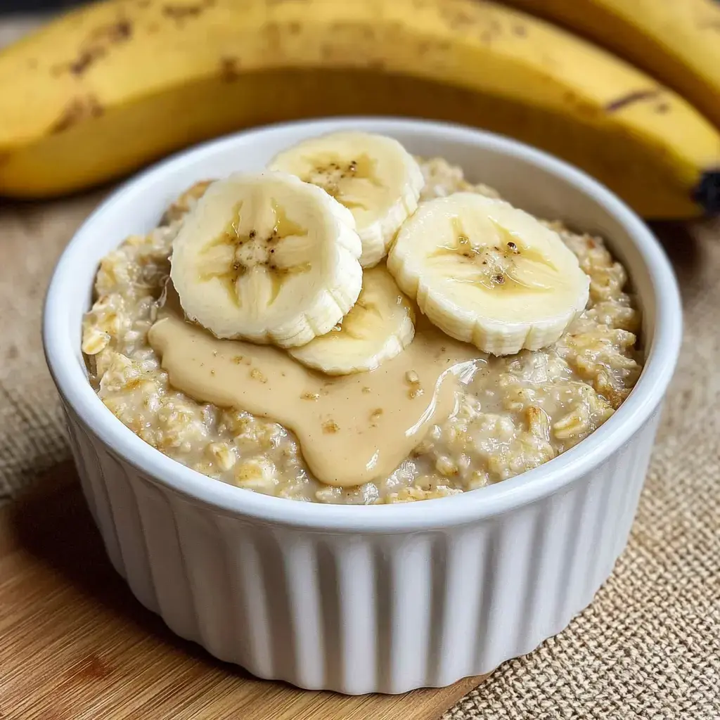 Eine Portion Haferbrei mit Bananenscheiben und Erdnussbutter auf Holz, hinten liegen Bananen. Sieht super aus!