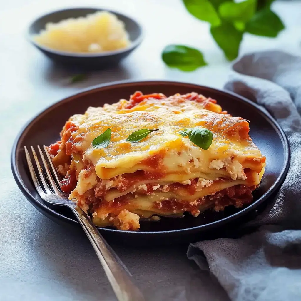 Ein Stück Lasagne mit frischem Basilikum auf dunklem Teller, daneben eine Schale voll Reibekäse.