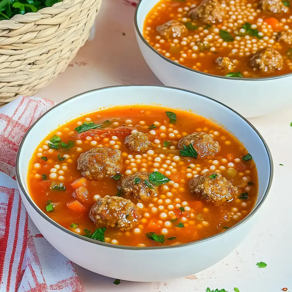 Im Bild steht eine Schale mit Suppe voller kleiner Fleischbällchen, Pasta und frischen Kräutern neben einem Korb.