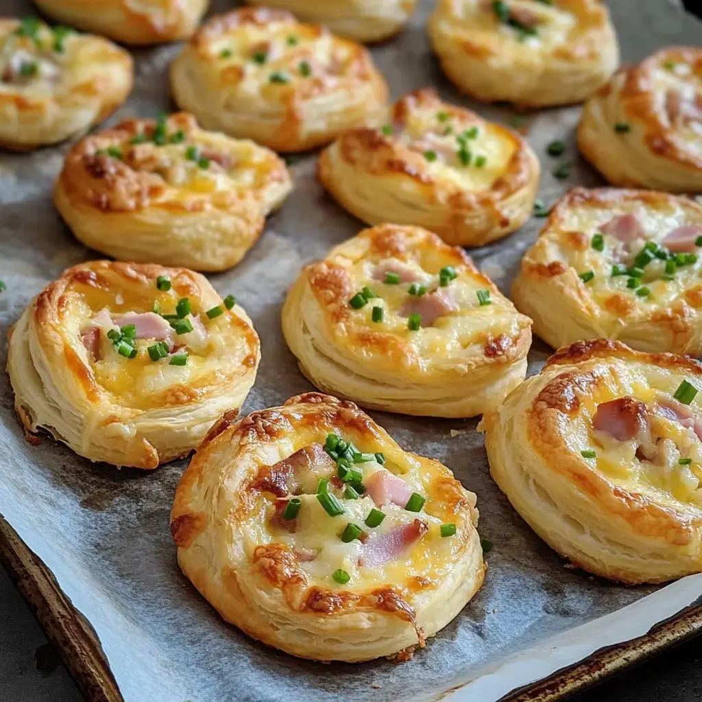 Viele goldene Blätterteigschnecken mit Käse, Schinken und Schnittlauch auf dem Blech verteilt.