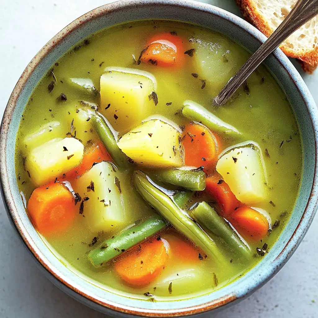 Eine Schüssel mit Gemüsesuppe, die Kartoffeln, Karotten und grüne Bohnen in einer klaren Brühe zeigt.
