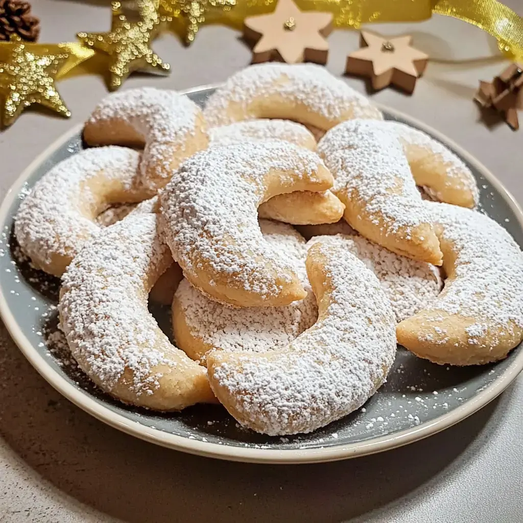 Man sieht eine Platte voll mit halbmondförmigen, schneeweißen Keksen, alles liebevoll dekoriert für die Weihnachtszeit.