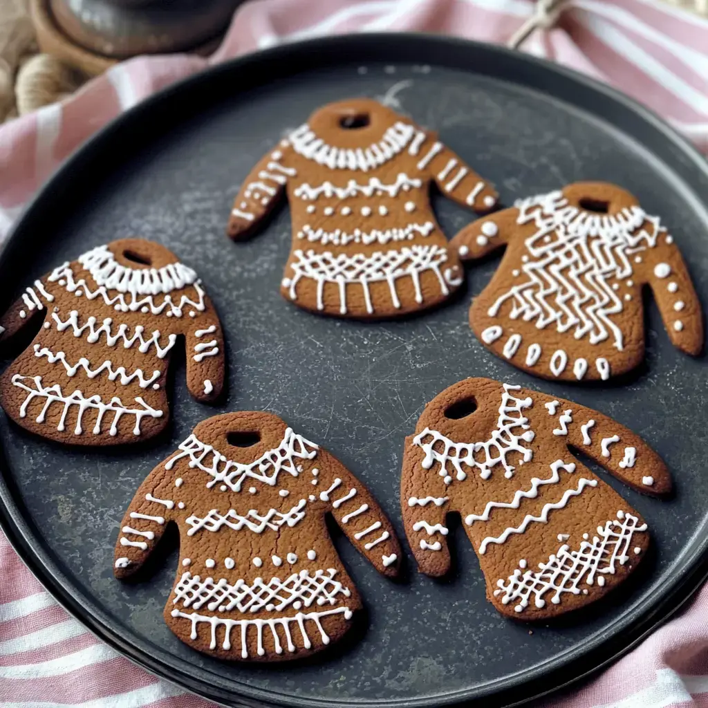 Fünf hübsch dekorierte Lebkuchen in Pulloverform liegen auf einem dunklen Blech.