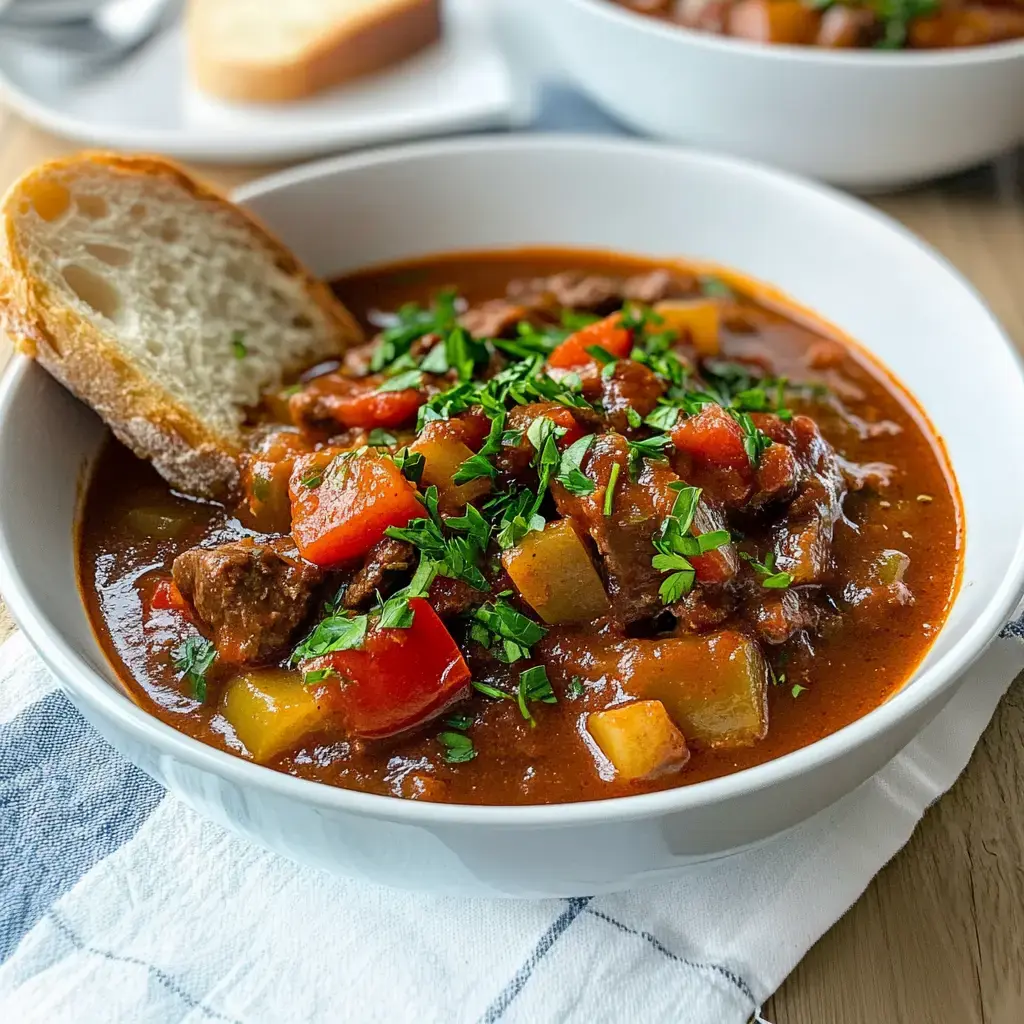 Schale mit kräftigem Gulasch, ein bisschen Kräuter obendrauf und Brot am Rand.