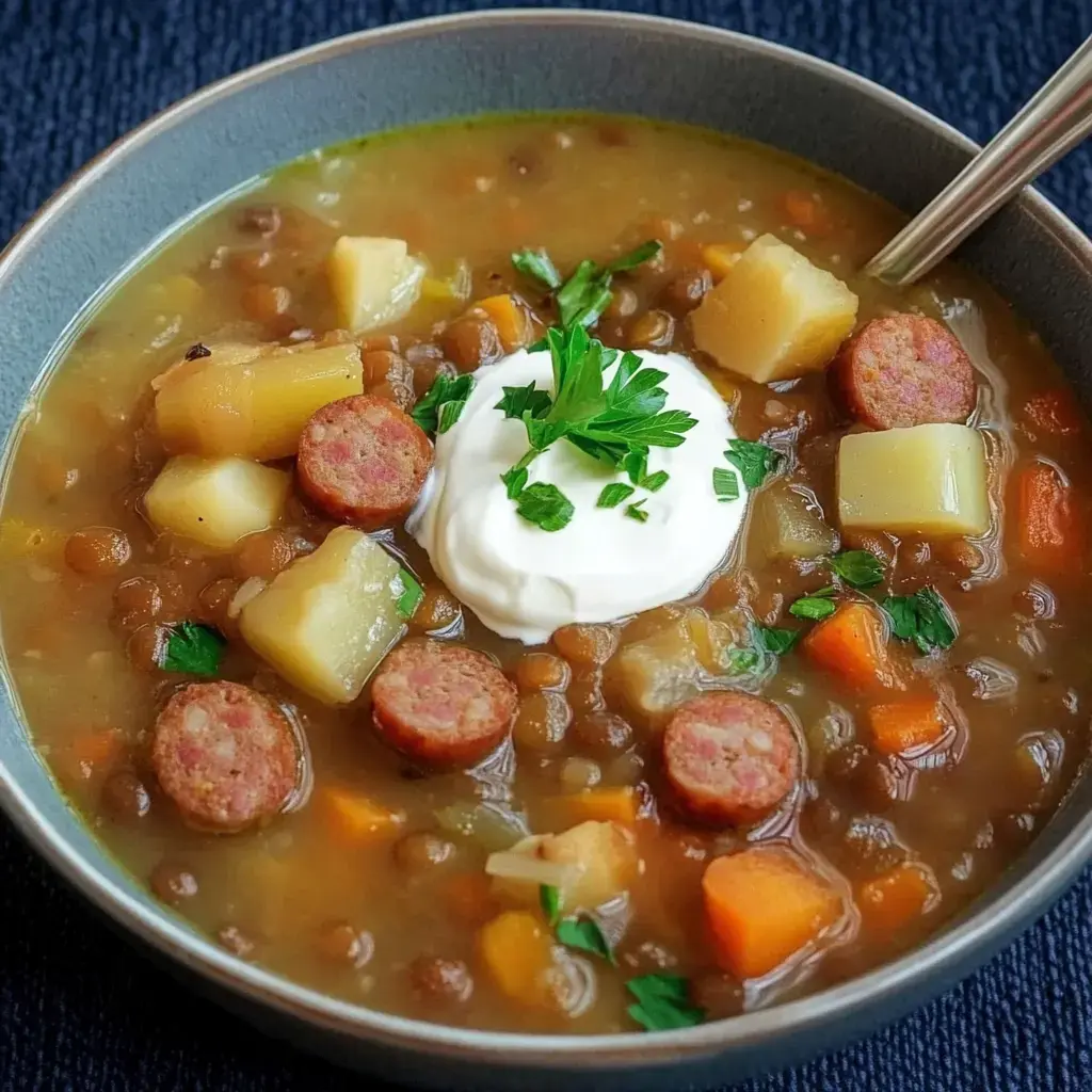 Schüssel voller Linsensuppe mit Kartoffelwürfeln, Möhren, Wurstscheiben, einem Klacks Sauerrahm und frischer Petersilie obendrauf.
