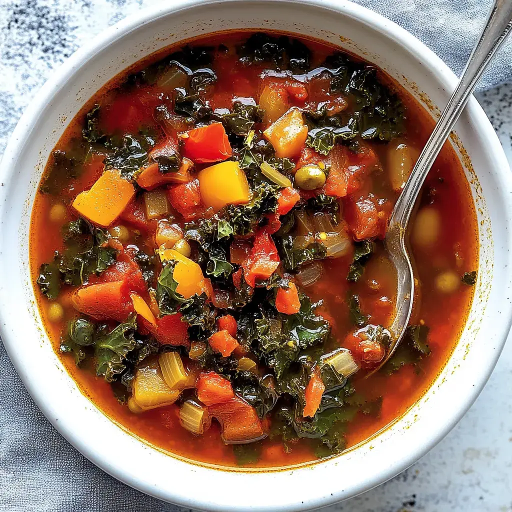 Eine Schüssel mit bunter Gemüsesuppe, die aus Tomaten, Paprika, Grünkohl und anderen Zutaten besteht.