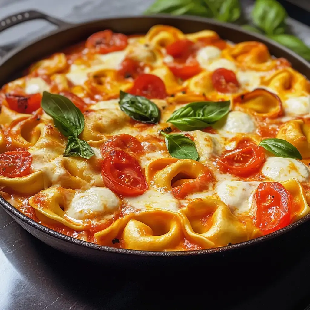 Überbackene Nudeln mit Tortellini, Kirschtomaten, Mozzarella und Basilikum in der Pfanne.