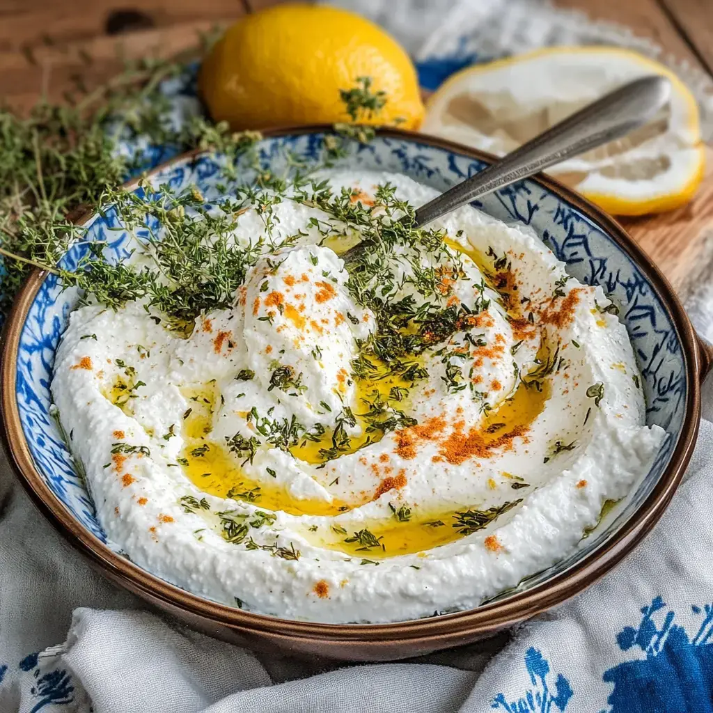 Auf einem Teller liegt cremiger Feta-Joghurt-Aufstrich mit Olivenöl, frischem Thymian und etwas Paprikapulver. Daneben sieht man eine Zitrone.