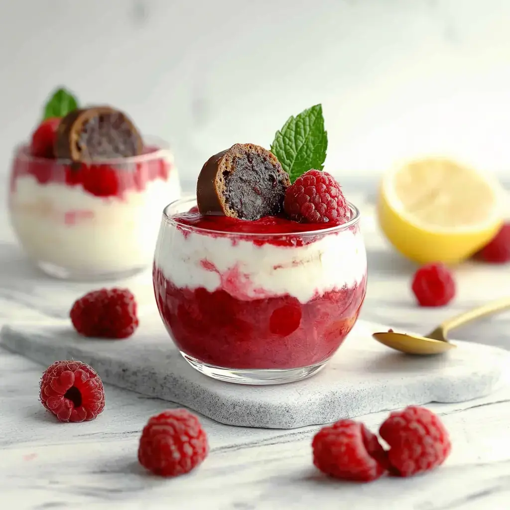 Zwei Dessertgläser mit cremigen Schichten aus Himbeeren, Quark und Schokolade. Daneben liegen frische Himbeeren und eine Zitronenscheibe.