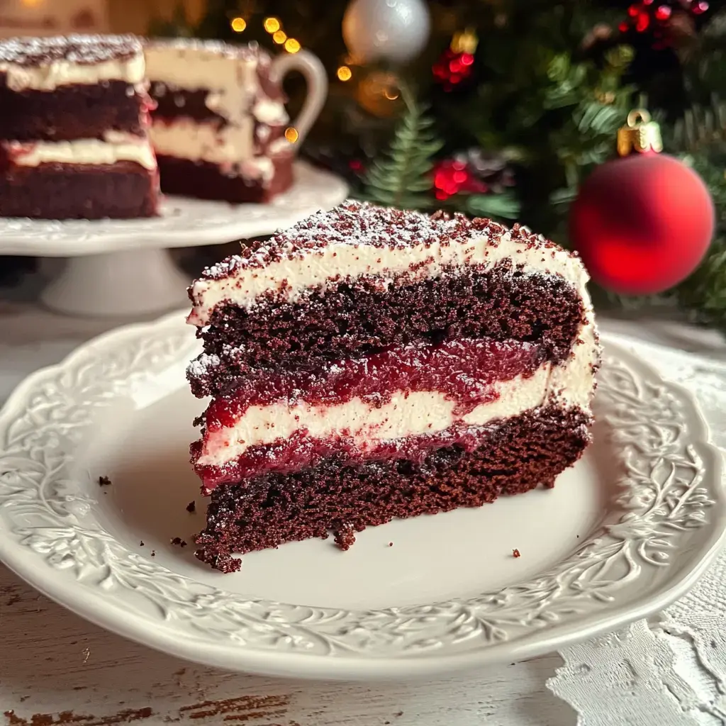 Ein Stück Schokokuchen mit Creme und Kirschfüllung auf einem weißen Teller, dahinter festliche Tischdeko.