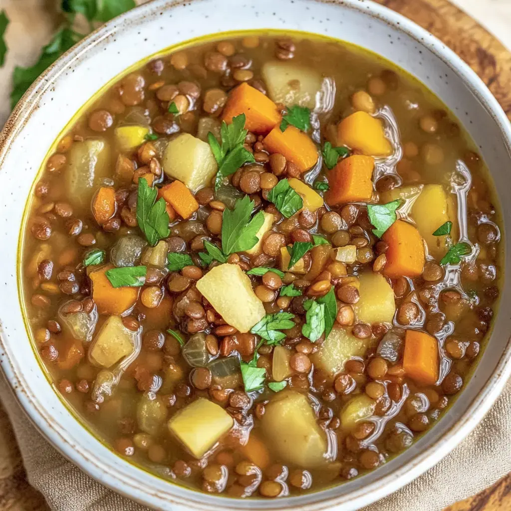 Schüssel voll dampfender Linsensuppe mit bunten Karotten, Kartoffeln, grünen Blättern und dunklen Linsen.