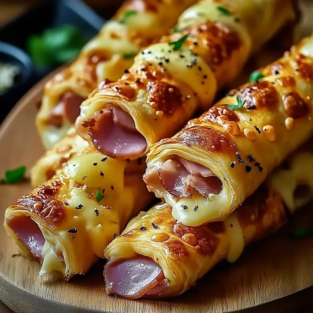 Zwei Teller mit goldbraunen Teigstangen, gut gefüllt mit Schinken und zerlaufenem Käse, angerichtet auf einem Holzbrett.